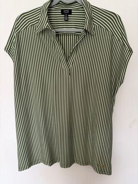 Jones New York Olive & White Striped Collared Tunic
